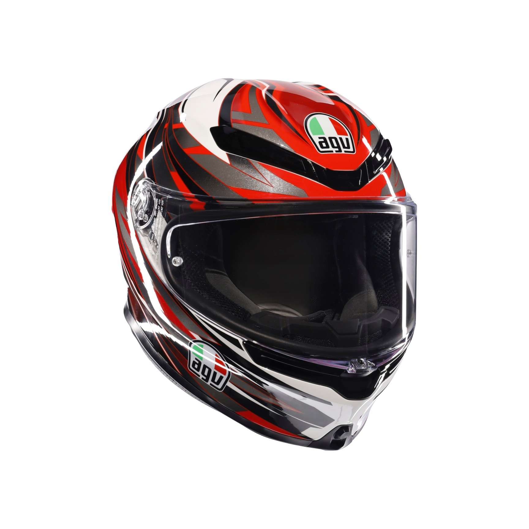 Full face AGV K6 S Reeval helmet in white, red, and grey with a glossy finish, featuring a clear visor and AGV logo on the front and sides. Size: S.