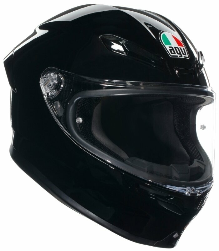 AGV K6-S Plain Motorcycle Helmet in glossy black, featuring a clear visor, aerodynamic shape, and Italian flag logo, designed for X-Small (54cm) size.