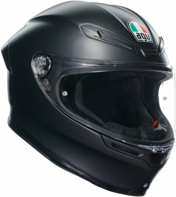 Matt black full face helmet by AGV, model K6 S, features a sleek aerodynamic design, clear visor, and Italian flag logo on the front, sized large.