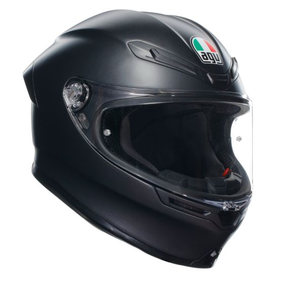 Matt black full face helmet by AGV, featuring a clear visor, ventilation ports, and the AGV logo on the front, designed for size S.