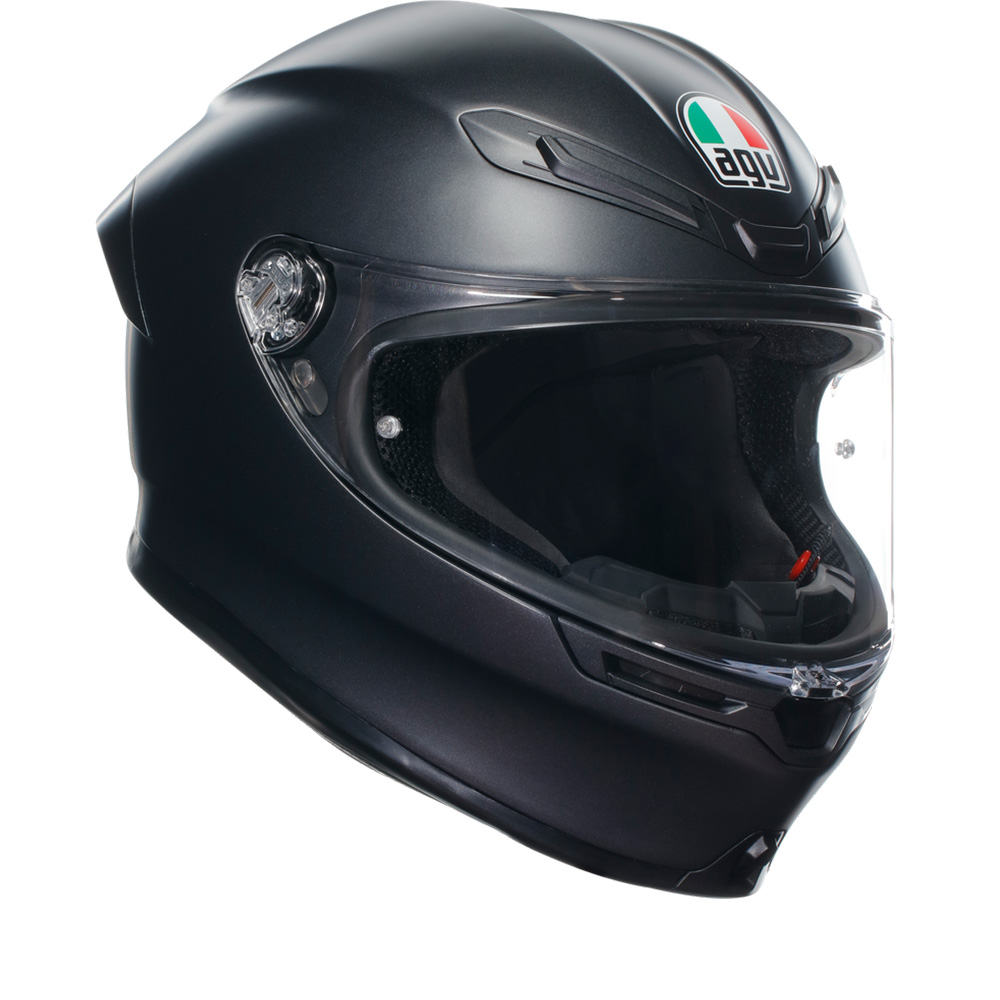 Full face AGV K6 S helmet in matte black, featuring a clear visor, ventilation ports, and the AGV logo on the front, designed for size XL.