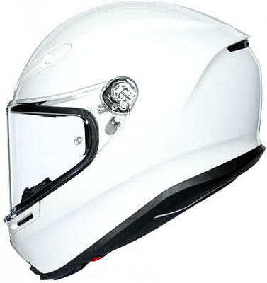 Solid white full-face motorcycle helmet with a clear visor, sleek aerodynamic design, and a black chin strap, featuring AGV branding on the side.