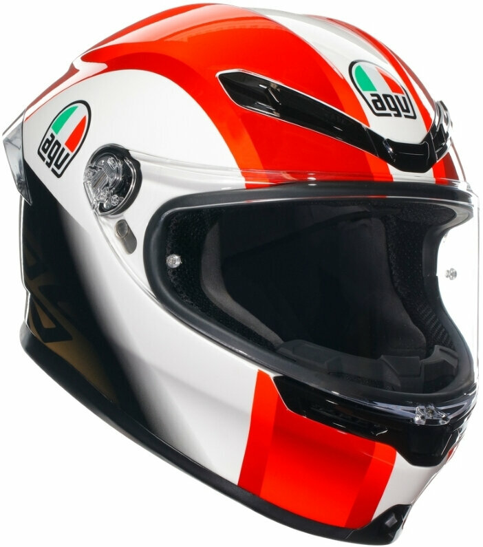 Full face helmet featuring a sleek design in red, white, and silver with a glossy finish, prominent AGV logos, and a tinted visor for enhanced visibility.