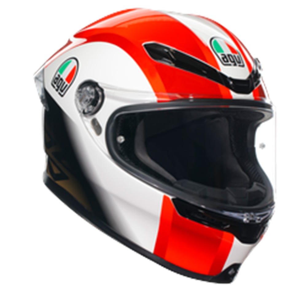 AGV K6-S SIC58 full face helmet replica in white with red and black accents, featuring a clear visor, aerodynamic design, and iconic AGV logo.
