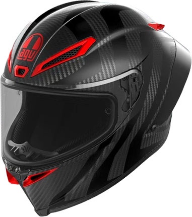 Full face AGV Pista GP RR Intrepido helmet in matte dark grey, black, and red, featuring a sleek design, aerodynamic shape, and tinted visor, size L.