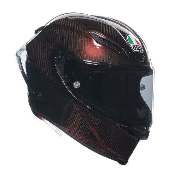 AGV Pista GP RR full face helmet in dark grey and red, featuring a carbon fiber finish, aerodynamic design, and a clear visor, size L.