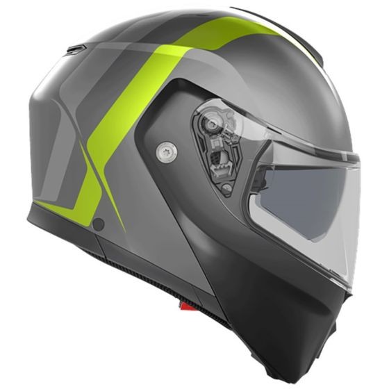 Grey-yellow AGV Streetmodular Resia helmet in size L features a sleek design, a clear visor, and a modular structure for versatility and comfort.