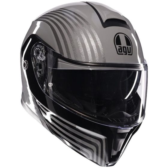 Black-grey AGV Streetmodular Iseo helmet in size XL features a sleek design with silver stripes, a clear visor, and a comfortable fit for men.