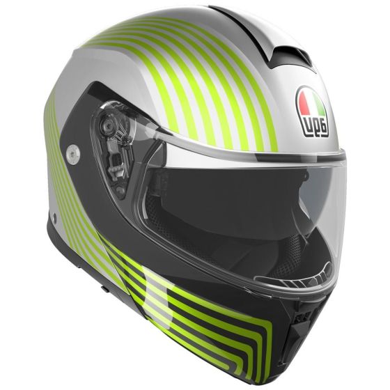AGV Streetmodular Iseo Helmet in white and yellow, featuring a sleek aerodynamic design, a clear visor, and a comfortable interior, size XL for men.