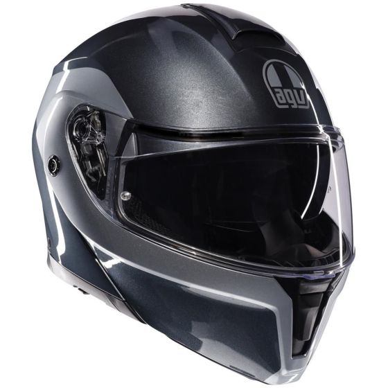 AGV Streetmodular Levico flip-up helmet in dark grey and silver, featuring a sleek design, clear visor, and logo on the front, sized XL.