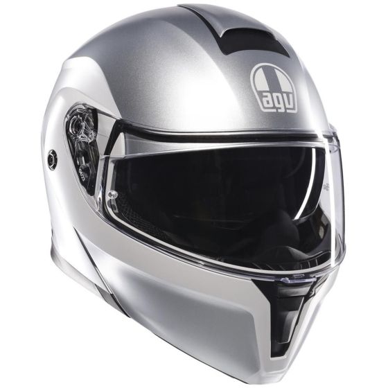 Grey AGV Streetmodular Levico Helmet in size XL, featuring a sleek aerodynamic design, a tinted visor, and a glossy finish with the AGV logo prominently displayed.