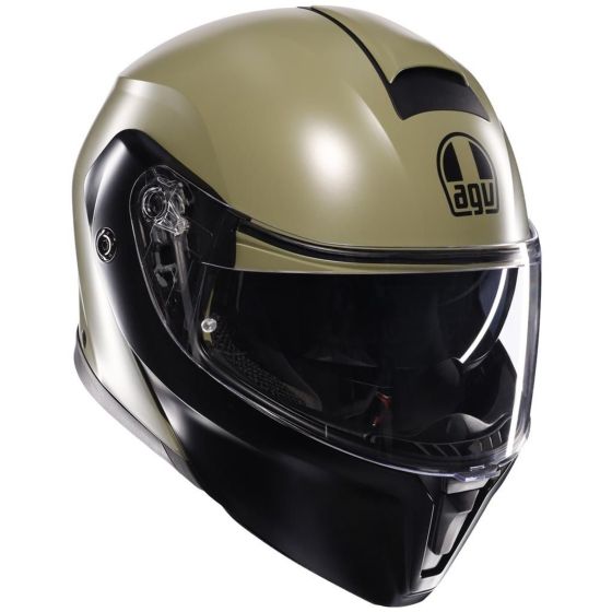 Black and green AGV Streetmodular Mono Helmet in size L, featuring a sleek aerodynamic design, a clear visor, and a matte finish.