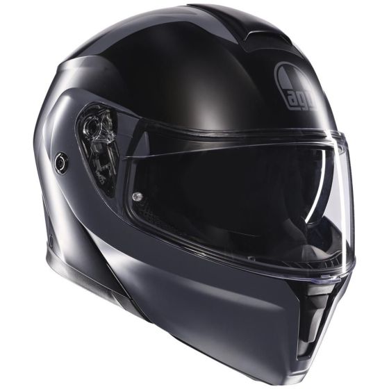 AGV Streetmodular Resia Helmet in black-grey, size S, featuring a sleek aerodynamic design, clear visor, and ventilation ports for enhanced airflow.