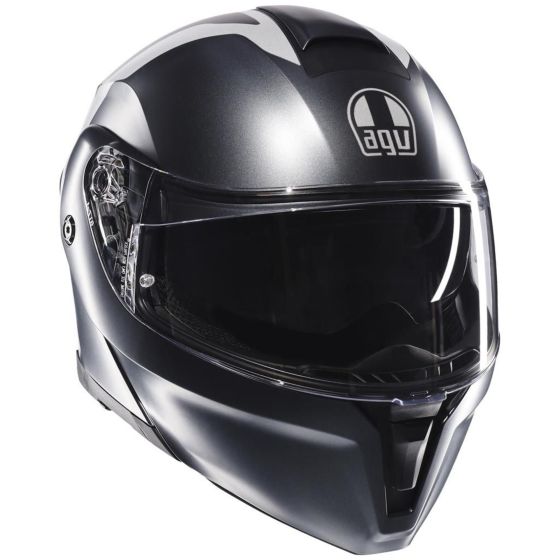 AGV Streetmodular Resia Helmet in grey and red, size M, features a sleek aerodynamic design, integrated visor, and a glossy finish for a modern look.