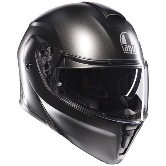 Matt dark grey AGV Streetmodular Mono S25 flip-up helmet in size L, featuring a sleek design, clear visor, and ventilation openings for enhanced airflow.