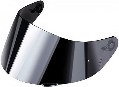 Silver-mirrored helmet shield for AGV K3, featuring a sleek, reflective surface with attachment points on either side, designed for sizes XL-XXL.