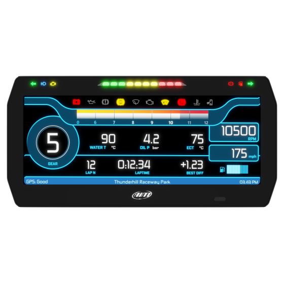 AIM Motorsport 10" Dash Display features a vibrant digital interface with gauges for RPM, speed, water temperature, oil pressure, and lap time, set in a sleek black casing.