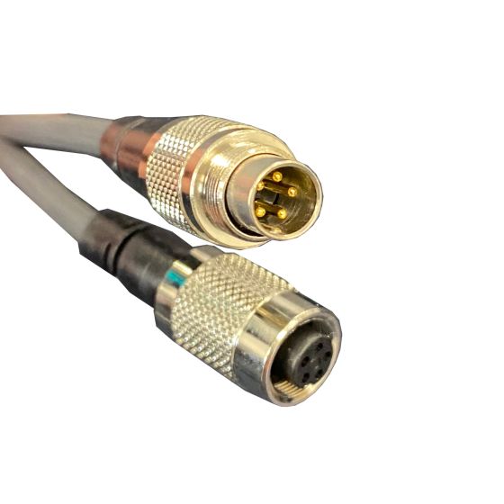 AIM Motorsport 712-712 CAN extension lead, 0.5m long, featuring a male 5-pin connector in silver and black, and a female 5-pin connector with a sturdy metal housing.