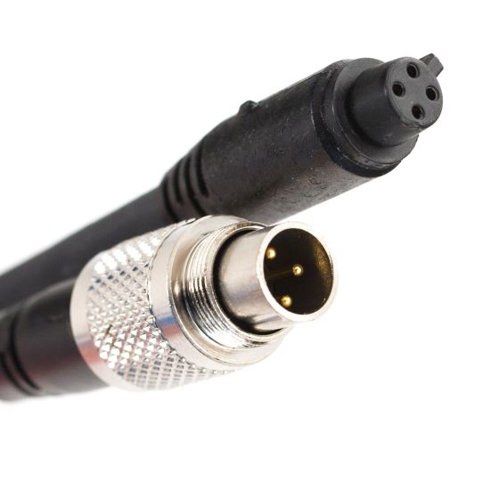 Black 250cm patch lead with a shiny silver connector featuring four pins, designed for AIM Motorsport equipment, showcasing durable material and precise engineering.
