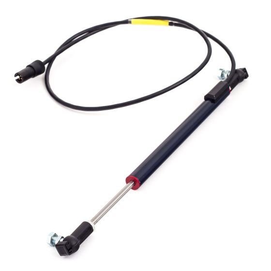 AIM Motorsport 50mm suspension potentiometer with a black and red body, featuring a flexible cable and connectors for car or bike applications.