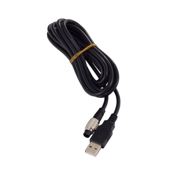 Black USB cable with a coiled design, featuring a standard USB connector and a circular connector, secured with a yellow rubber band.