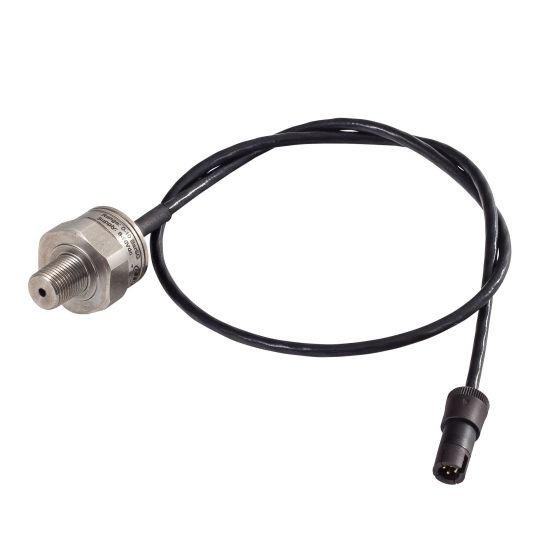 A silver metal pressure sensor with a threaded end, featuring a black cable with a connector, designed for measuring oil or fuel pressure up to 10 Bar.