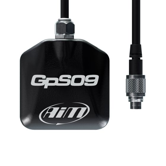 Black AIM Motorsport GPS09 module with a sleek design, featuring a 4m cable and a connector, prominently displaying the "GpS09" and "aiM" logos.