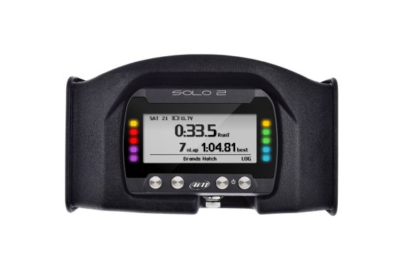 Black motocross bar pad for AIM Motorsport's Solo2, featuring a sleek design, durable material, and a display with colorful LED indicators and buttons for performance tracking.