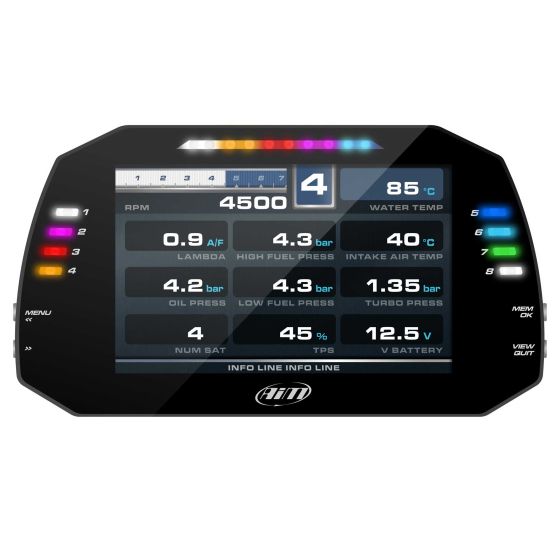 AIM Motorsport MXG 1.3 Dash Logger features a 7" color TFT display with a sleek black frame, showing various performance metrics like RPM, temperature, and pressure readings.