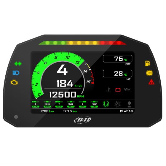 AIM Motorsport MXK10 dash logger for Kawasaki ZX-10R features a black casing, vibrant green and red displays, and digital readouts for speed, RPM, and temperature metrics.