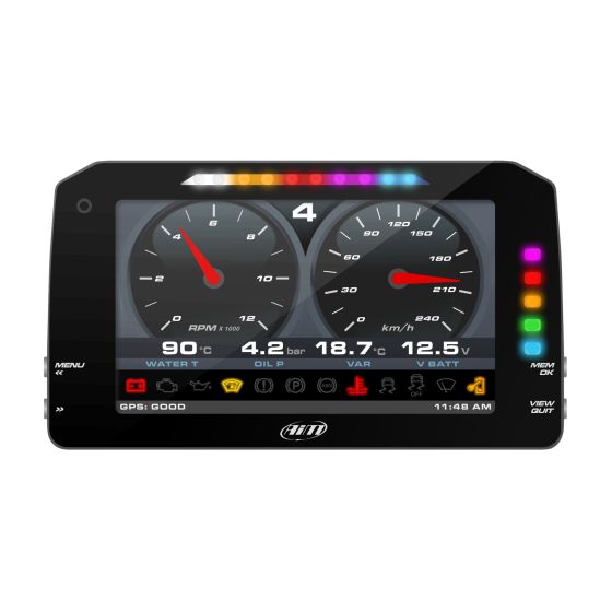 AIM Motorsport MXP 1.3 Dash Logger features a 6" color TFT display with two large dials for RPM and speed, multiple indicator lights, and a sleek black casing.