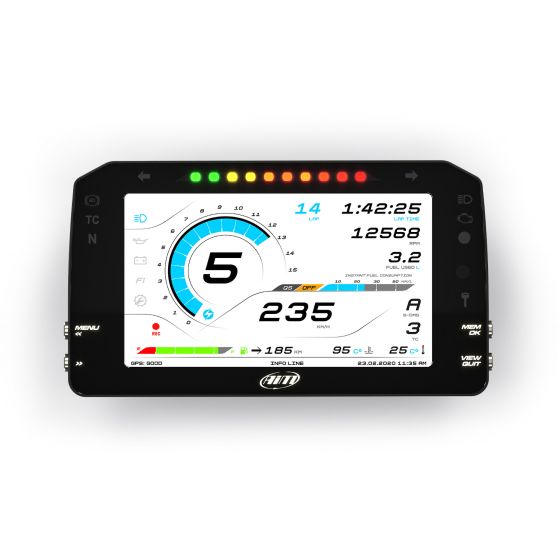 AIM Motorsport MXPS Suzuki GSX-R 1000 Dash Logger features a sleek black frame, a vibrant color display with gauges, and customizable indicators for performance monitoring.