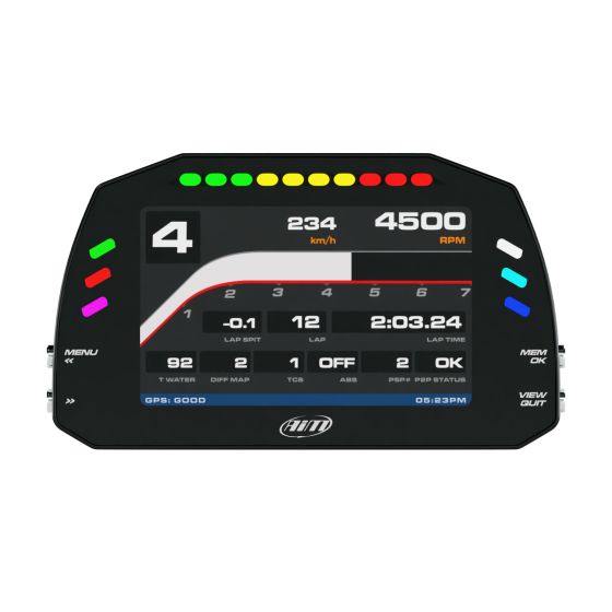 AIM Motorsport MXS 1.3 Dash Logger features a 5-inch color TFT display with a black frame, displaying speed, RPM, and various metrics, accompanied by a 4m cable.