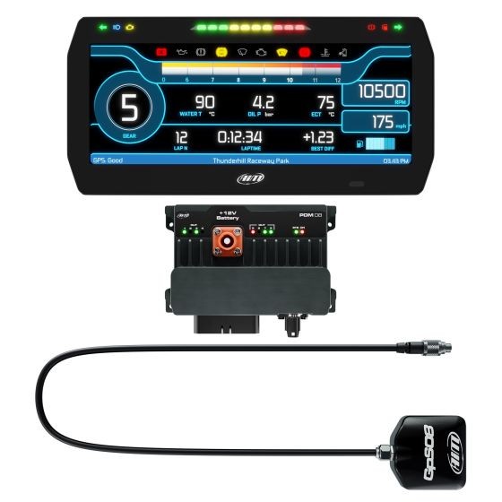 Advanced power distribution module and data logger kit featuring a 10-inch colorful display with street icons, a black housing, and a 2m long GPS cable for enhanced performance monitoring.