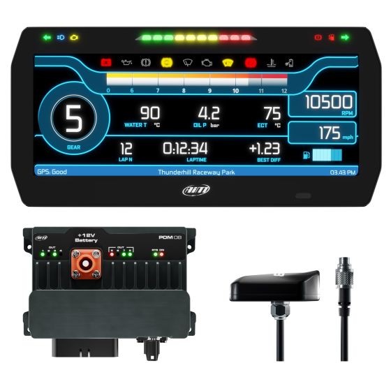 Advanced Power Distribution Module and Data Logger Kit featuring a 10-inch color display with street icons, roof mount GPS, and a 2m long GPS cable.