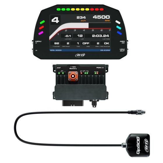 AIM Motorsport PDM08 kit features a 5-inch colorful display with race icons, a sleek black power distribution module, and a 0.5m long GPS cable for advanced data logging.