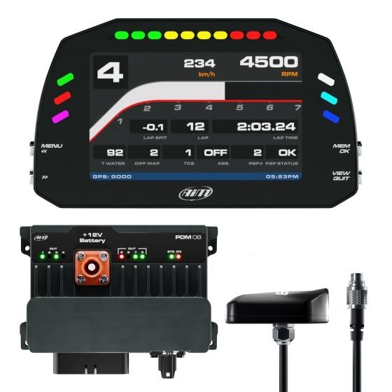 Advanced Power Distribution Module and Data Logger Kit featuring a 5-inch color display with race icons, roof mount GPS, GPS cable, and LED indicators on a sleek black casing.