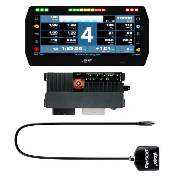 Advanced power distribution module and data logger kit featuring a 10-inch color display with race icons, a black housing, and a 4m long GPS cable for enhanced performance tracking.