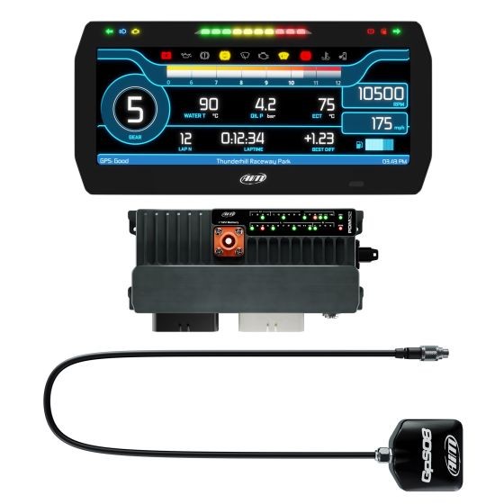 Advanced 10-inch display with colorful street icons, featuring a sleek black design, paired with a compact power distribution module and a 4m long GPS cable.