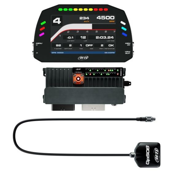 AIM Motorsport PDM32 kit featuring a 5-inch color display with road icons, a sleek black power distribution module, and a 4m long GPS cable for advanced data logging.