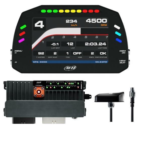 AIM Motorsport PDM32 kit features a 5-inch color display with road icons, a black power distribution module, and a 0.5m GPS cable, designed for advanced data logging and monitoring.