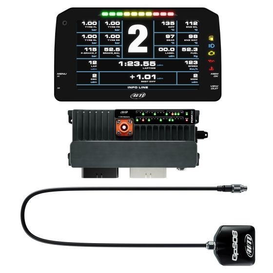 AIM Motorsport PDM32 kit featuring a 6-inch display with colorful street icons, a sleek black casing, a power distribution module, and a 4m long GPS cable.