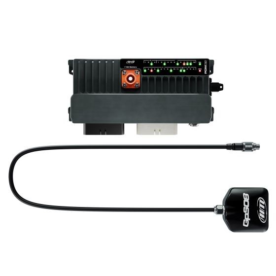 Advanced black power distribution module with orange control knob, LED indicators, and a 4m long GPS cable featuring a sleek black antenna.
