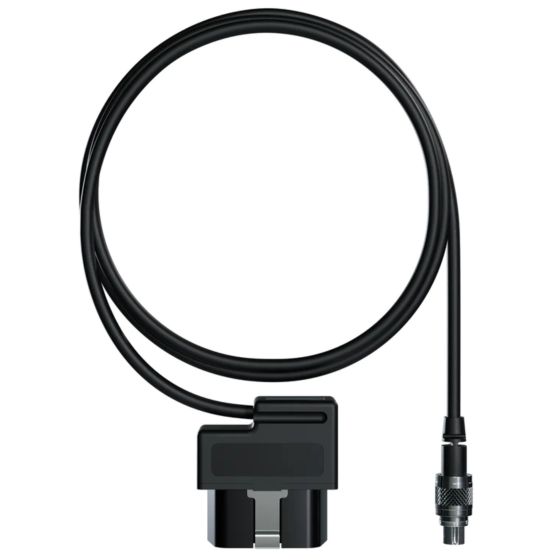 Black power/data cable with an OBDII connector and a threaded connector at the end, designed for the AIM Motorsport Solo2 DL device.