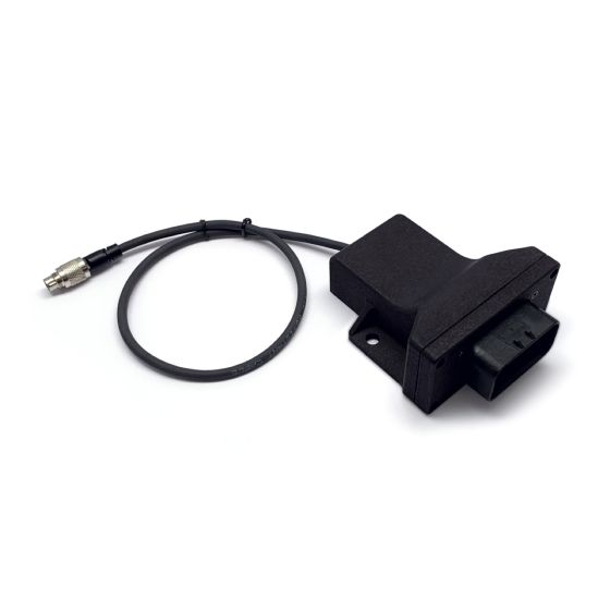 Black plastic AIM Motorsport Remote Input Output Module (RIO02) with a connector and a coaxial cable attached, designed for motorsport applications.
