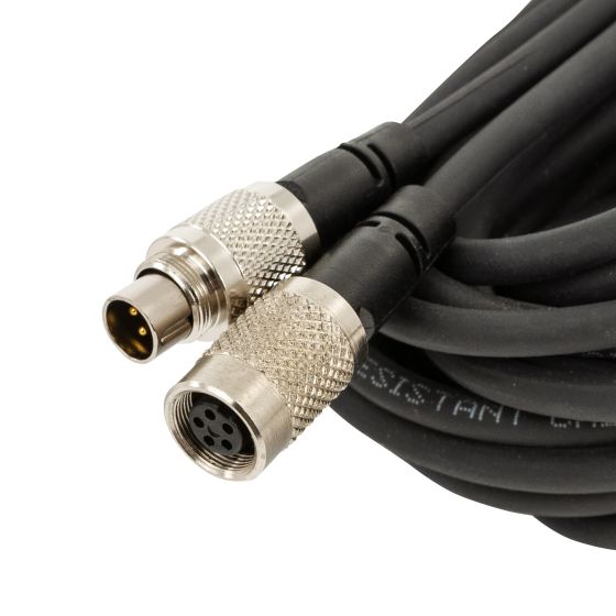 Black patch cables with metal connectors, featuring a 4-pin and a 6-pin connector, designed for connecting a reversing mirror camera by AIM Motorsport.