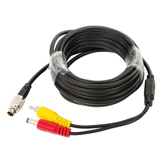 Black, flexible cable with a silver metal connector on one end and two RCA connectors (yellow and red) on the other, designed for reversing mirror camera systems.