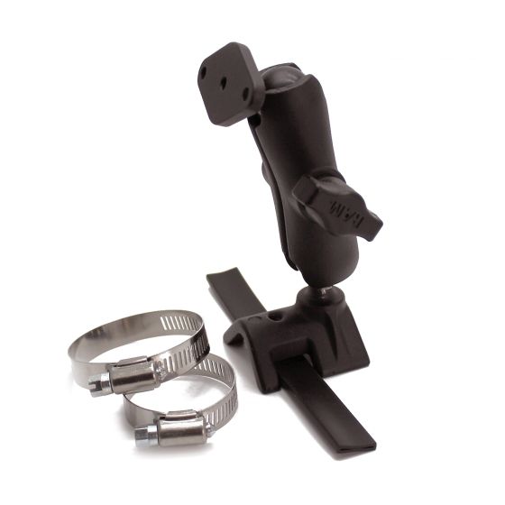 A black AIM Motorsport V Bracket Roll Bar Mount with adjustable arms, two stainless steel clamps, and a sturdy base designed for Solo and Solo 2 devices.