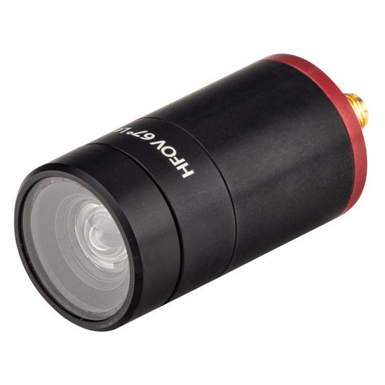 A compact black bullet camera with a red accent, featuring a 67-degree lens, designed for motorsport use, showcasing a sleek cylindrical shape and a threaded connection.
