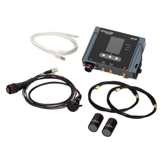 AiM Motorsport SmartyCam 3 system featuring a compact black and grey camera unit, two bullet cameras with 120-degree lenses, and various cables including an Ethernet harness.